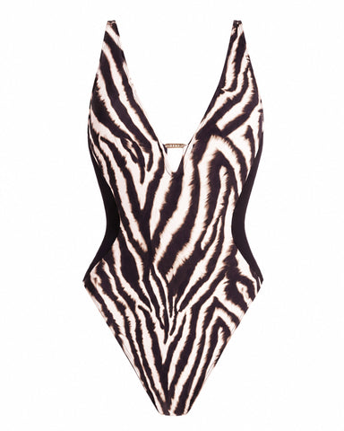 Three quarter back view of model in Hi Cut Plungey Triangle - Contour Ivory Zebra/Black