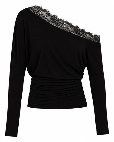 Back view of model wearing Sashy Wedge Long Sleeve Top - Black/Lace Black