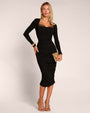 Full body front view of model posing in Shapey Ruched Long Sleeve Midi Dress - Black