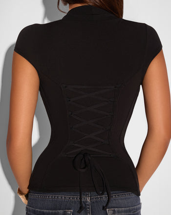 Close up back view of model in Shapey Ruched Short Sleeve Top - Black