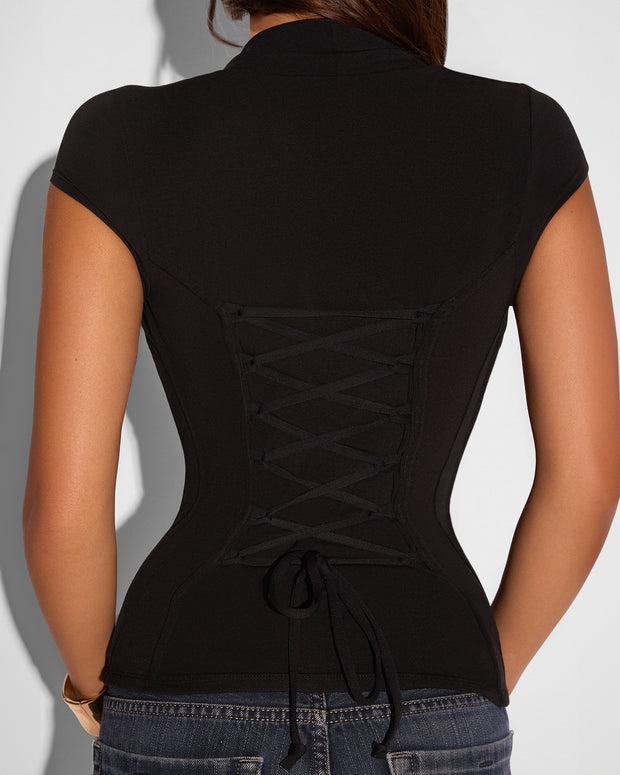 Close up back view of model in Shapey Ruched Short Sleeve Top - Black