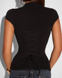 Close up back view of model in Shapey Ruched Short Sleeve Top - Black