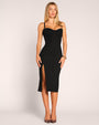 Full body front view of model wearing Seamed Lushy Midi Dress - Black unzipped