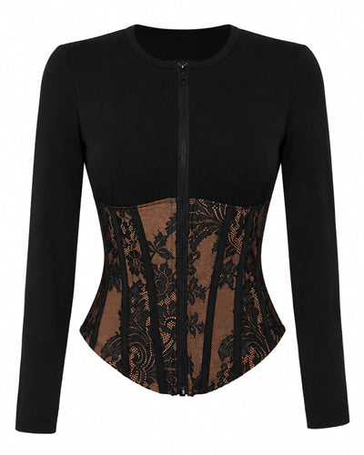 Outline image of Corsety Long Sleeve Top - Lace Black/Tawny
