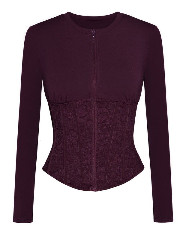 Outline image of Corsety Long Sleeve Top - Lace Garnet/Garnet