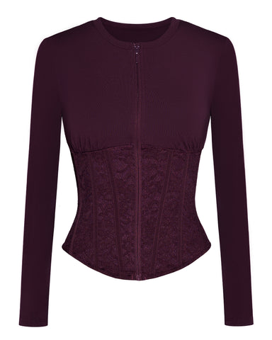Back view of model in Corsety Long Sleeve Top - Lace Garnet/Garnet