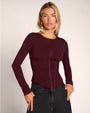 Model wearing Corsety Long Sleeve Top - Lace Garnet/Garnet zipped up front view