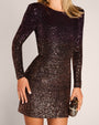 Close up three quarter front view of Long Sleeve Mini Dress - Sequin Ombre Bronze/Plum on model