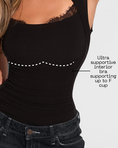 Graphic highlighting the interior bra on Shapey Ruched Short Sleeve Top - Black
