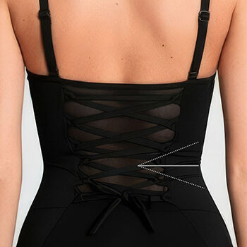 Close-up of TA3 signature adjustable back lacing system designed to snatch and sculpt the waist.