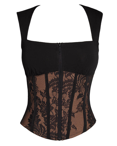 Back view of model wearing Corsety Square Neck Sleeveless Top - Lace Black/Tawny