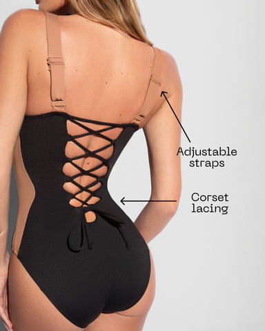 Details graphic pointing to back waist snatching lacing on model in Lifty - Contour Black/Tawny
