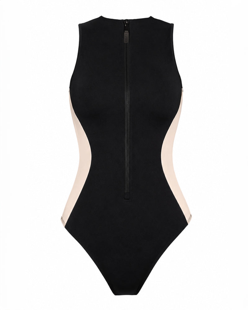 Outline image of Sleeveless Surfy - Contour Black/Oat tummy control swimsuit