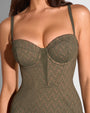 Close up of model in Brazilian Bombshell - Chevron Martini Olive