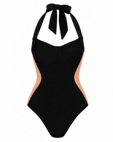 Three quarter back view of model in Halter Siren - Contour Rib Black/Tawny