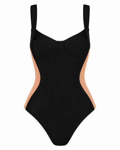 Back view of model wearing Siren - Contour Rib Black/Tawny