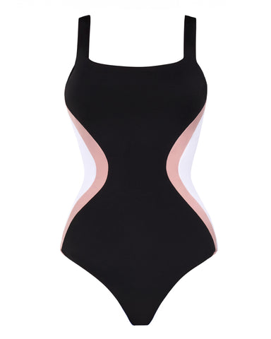 Model wears Squarey - Black/Rose/White Square Neck Shapewear Swimsuit side view