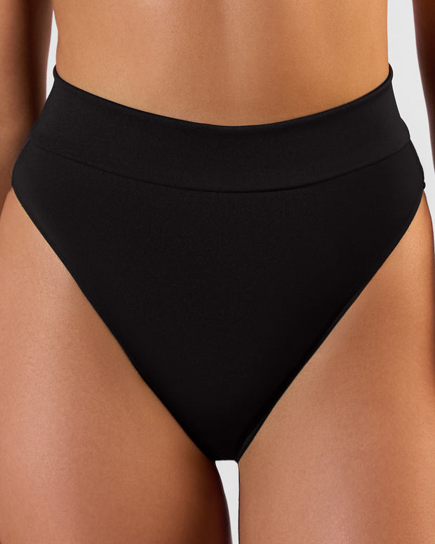 Close up front view of Hi Cut Adjustable Kini Bottom - Black
