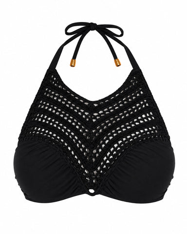 Close up back view of model in Crochet Bikini Top - Black