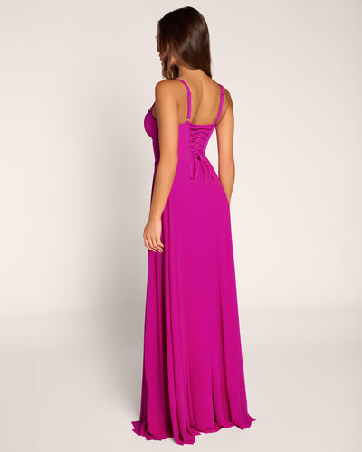 Full body back view of model in Bombshell Maxi Dress - Electric Fuchsia