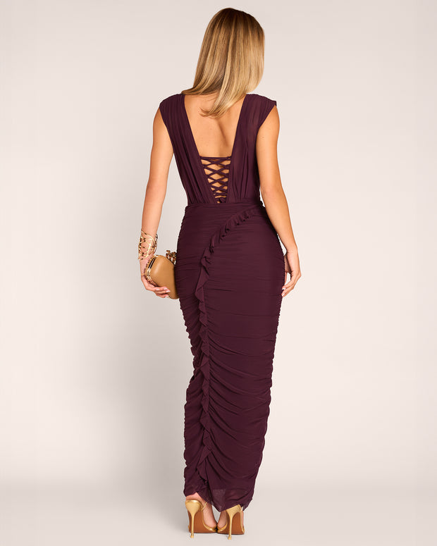Draped Bombshell Column Maxi Dress - Garnet
