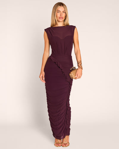Draped Bombshell Column Maxi Dress - Garnet
