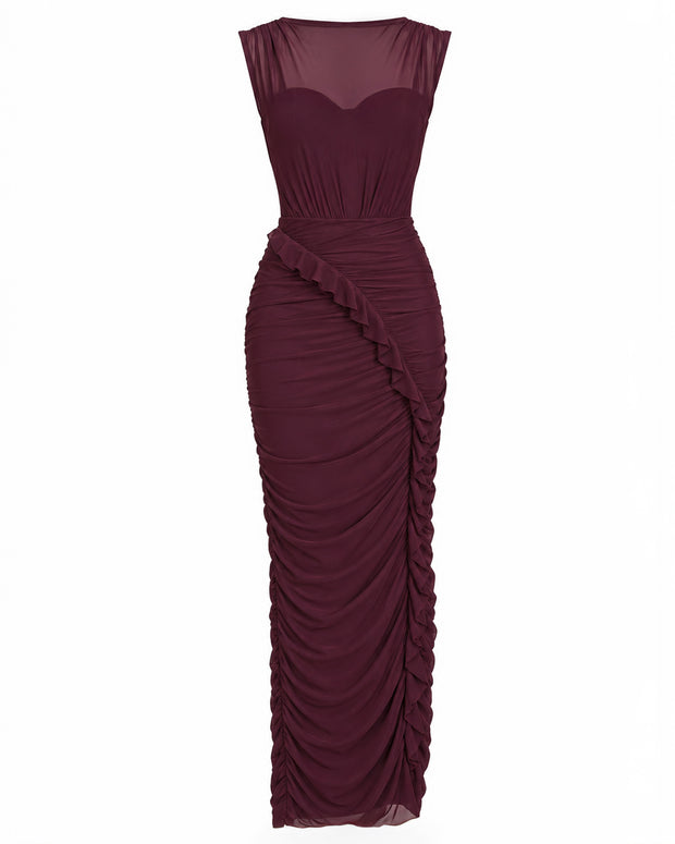 Draped Bombshell Column Maxi Dress - Garnet