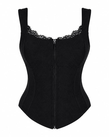 Black view of Corsety Seamed Rib Tank - Lace Rib Black