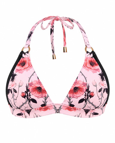 Three quarter back view of model in Triangle Bikini Top - Rose Thistle/Black