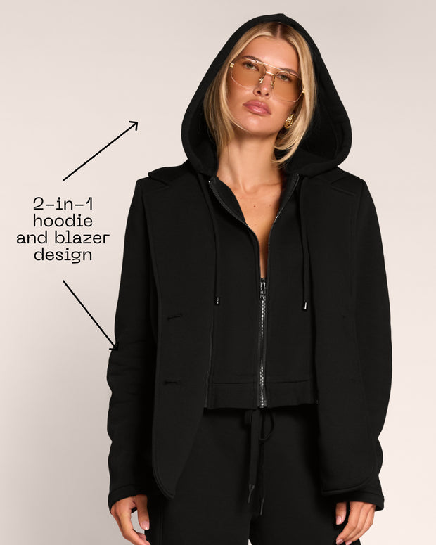 Graphic of Swuity Convertible Jacket - Black highlighting the 2-in-1 hoodie and blazer design