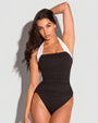 Model wearing Hi Cut Smoothing Kini Bottom - Black paired with a TA3 tankini