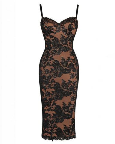 Full body back view of model in Seamed Lushy Midi Dress - Lace Black/Tawny
