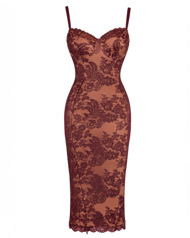 Full body back view of model in Seamed Lushy Midi Dress - Lace Garnet/Tawny