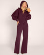 Full body front view of model wearing Croissant Fleecey - Garnet