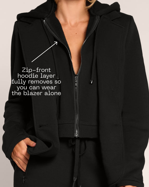 Graphic of Swuity Convertible Jacket - Black highlighting the removable zip front hoodie