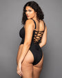 Model is wearing Hi Cut Squarey One Piece Sculpting Shapewear Swimsuit - Black back view