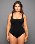 Size M model wears Squarey - Black One Piece Sculpting Tummy Control Shapewear Swimsuit full front view